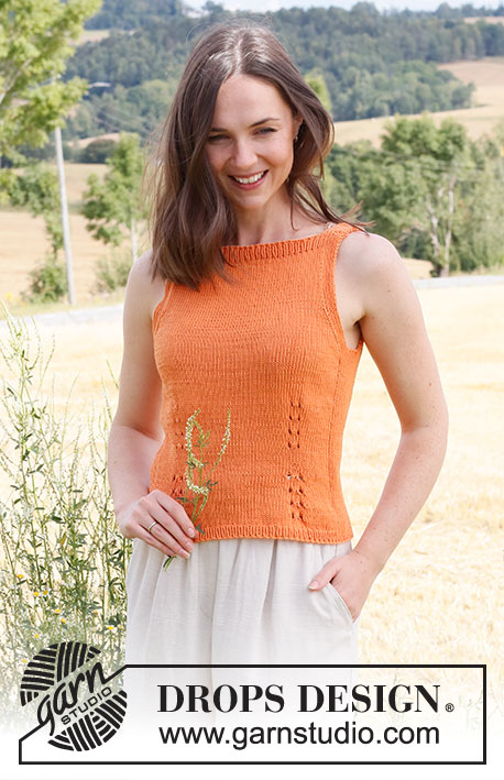 Orange Zest / DROPS 223-33 - Knitted top in DROPS Safran. The piece is worked in stocking stitch with ribbed edges and small sections of lace pattern. Sizes S - XXXL.