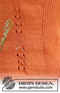 Orange Zest / DROPS 223-33 - Gebreide top in DROPS Safran. Het werk wordt gebreid in tricotsteek met randen in boordsteek en kleine secties in kantpatroon. Maten S - XXXL.