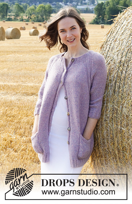 Lavender Pocket / DROPS 223-36 - Knitted jacket in DROPS Air. The piece is worked top down with ribbed raglan and ¾-length sleeves. Sizes S - XXXL.