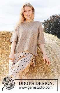 Country Roads / DROPS 223-6 - Knitted jumper in DROPS Flora. The piece is worked with lace pattern and short sleeves. Sizes XS – XXL.