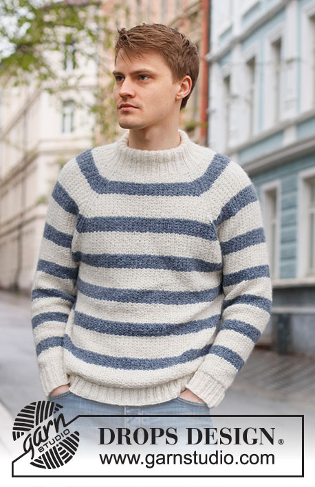 Sjøbris / DROPS 224-1 - Knitted jumper for men in DROPS Sky. The piece is worked top down with raglan, stripes and textured pattern. Sizes S - XXXL.