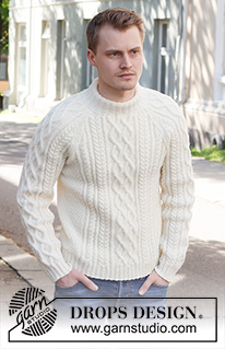 Ice Island / DROPS 224-10 - Męski sweter na drutach, z reglanowymi podkrojami rękawów, warkoczami i podwójnym wykończeniem dekoltu, z włóczki DROPS Karisma. Od S do XXXL.
