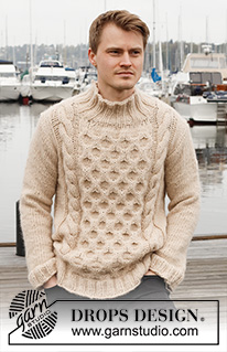 Winter Hive / DROPS 224-15 - Pánský pulovr s copánky, plástvovým vzorem a stojáčkem pletený z příze DROPS Wish. Velikost S - XXXL.