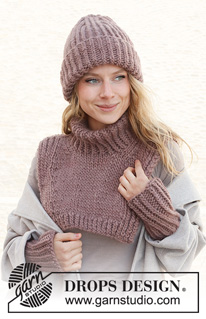 Winter Trifecta / DROPS 225-17 - Bonnet, plastron et manchettes tricotés en DROPS Snow ou DROPS Wish. Se tricote en côtes.