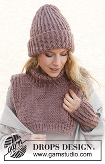 Winter Trifecta / DROPS 225-17 - Bonnet, plastron et manchettes tricotés en DROPS Snow ou DROPS Wish. Se tricote en côtes.