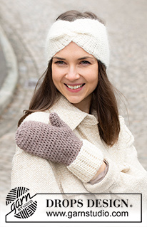 Frosted Chocolate / DROPS 225-19 - Crocheted head band and mittens in DROPS Alaska. SIZE S - L: