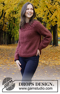 Blackforest Memories / DROPS 226-3 - Knitted sweater in 2 strands DROPS Kid-Silk or 1 strand DROPS Brushed Alpaca Silk. Piece is knitted top down with round yoke, raglan and leaf pattern on yoke. Size: S - XXXL