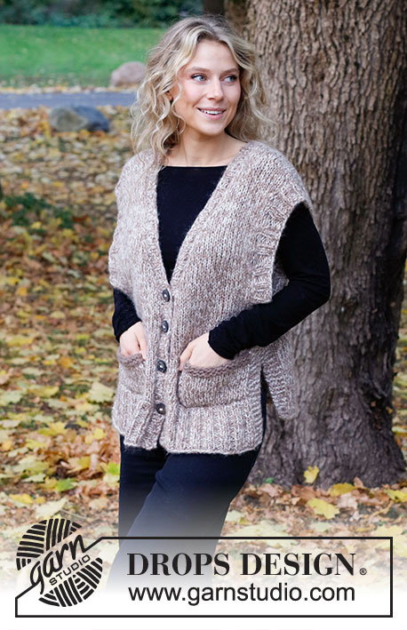 Cosy Mosey / DROPS 226-35 - Knitted vest in DROPS Air and DROPS Brushed Alpaca Silk. The piece is worked with V-neck, ribbed edges and pockets. Sizes S - XXXL.