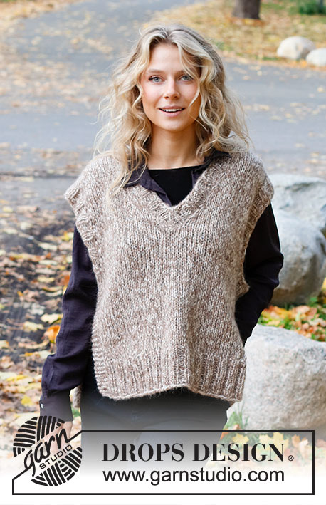 Cork Oak / DROPS 226-36 - Knitted vest / slipover in DROPS Air and DROPS Brushed Alpaca Silk or DROPS Wish. The piece is worked with V-neck and ribbed edges. Sizes S - XXXL.