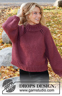 Crisp Cranberry / DROPS 226-37 - Knitted jumper in DROPS Snow. The piece is worked top down with raglan, balloon sleeves and broad, ribbed edging. Sizes XS - XXL.