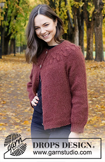 Blackforest Memories Cardigan / DROPS 226-4 - Knitted jacket in 2 strands DROPS Kid-Silk or 1 strand DROPS Brushed Alpaca Silk. Piece is knitted top down with round yoke, raglan and leaf pattern on yoke. Size: S - XXXL