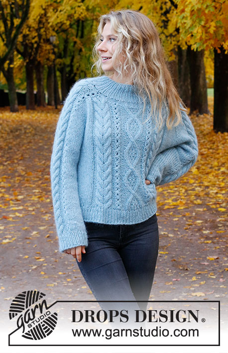Sky Feather Sweater / DROPS 226-46 - Knitted jumper in DROPS Sky and DROPS Kid-Silk. Piece is knitted top down with saddle shoulders and cables. Size: S - XXXL
