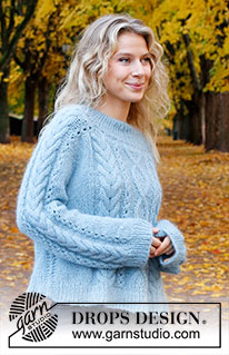 Sky Feather Sweater / DROPS 226-46 - Knitted sweater in DROPS Sky and DROPS Kid-Silk. Piece is knitted top down with saddle shoulders and cables. Size: S - XXXL