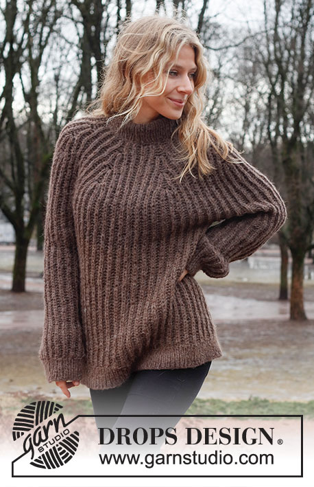 Chocolate Ridge / DROPS 226-5 - Knitted sweater in DROPS Air. Piece is knitted top down with round yoke, English rib and double neck edge. Size: S - XXXL