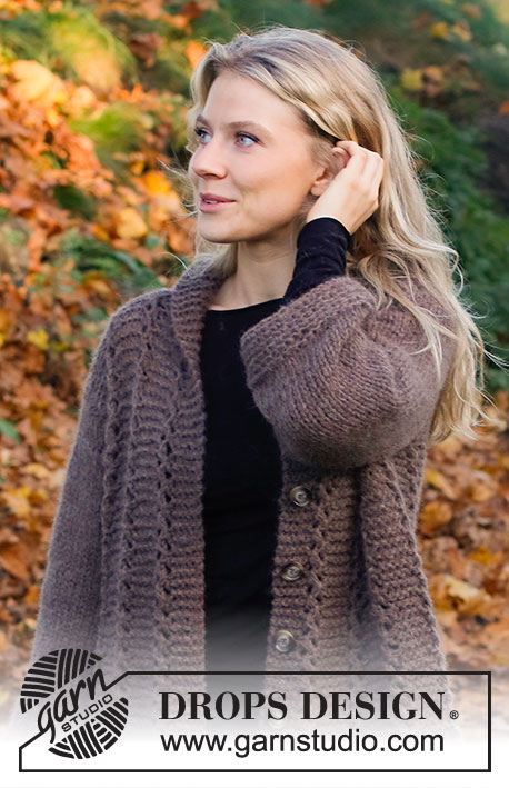 Lakeside Trails / DROPS 226-8 - Knitted jacket in 2 strands DROPS Air. The piece is worked with garter stitch, lace pattern and shawl collar. Sizes XS - XXL.