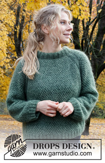 Hyde Park / DROPS 226-9 - Knitted jumper in 2 strands DROPS Kid-Silk. Piece is knitted top down with raglan, moss stitch and double neck edge. Size XS – XXL.
