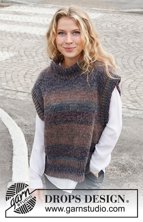 Autumn Dusk / DROPS 227-17 - Knitted vest / slipover in DROPS Delight and DROPS Brushed Alpaca Silk. The piece is worked with high neck, ribbed edges and split in the sides. Sizes S - XXXL.