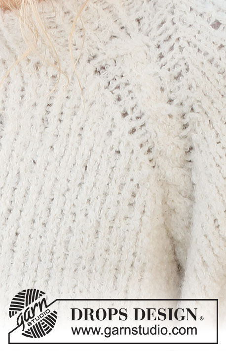 Puffy Cloud / DROPS 227-22 - Sweter na drutach, przerabiany od góry do dołu, 2 nitkami włóczki DROPS Alpaca Bouclé, z reglanowymi rękawami i warkoczami. Od S do XXXL