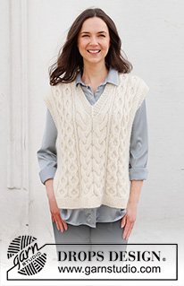 Icy Waves / DROPS 227-37 - Knitted vest / slipover in DROPS Puna and DROPS Kid-Silk. Piece is knitted with cables, V-neck and vents in the sides. Size: S - XXXL