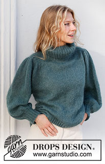 Falling Water Sweater / DROPS 227-39 - Kötött pulóver 2 szál DROPS Kid Silk fonalat összefogva. A darabot fentről lefelé irányban készítjük, nyeregvállal, puffos ujjakkal és magas nyakkal. S - XXXL méretekben.