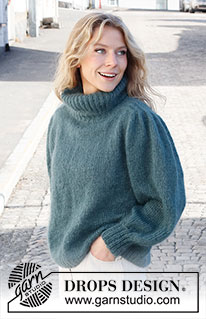 Falling Water Sweater / DROPS 227-39 - Knitted jumper in 2 strands DROPS Kid-Silk. The piece is worked top down, with saddle shoulders, puffed sleeves and high neck. Sizes S - XXXL.