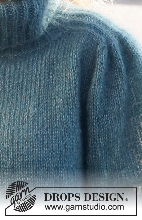 Falling Water Sweater / DROPS 227-39 - Sweter na drutach, przerabiany od góry do dołu, 2 nitkami włóczki DROPS Kid-Silk. Z bufiastymi rękawami typu saddle shoulder i golfem. Od S do XXXL.