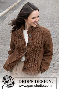 Caramel Bubbles / DROPS 227-50 - Knitted jacket in DROPS Snow. Piece is knitted top down with lace pattern and small cables. Size: S - XXXL