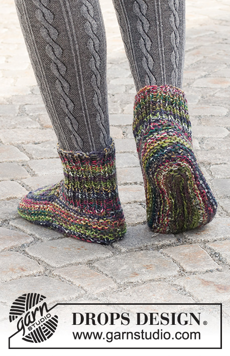 Pixie Prancers / DROPS 227-59 - Knitted slippers in 2 strands DROPS Fabel. Piece is worked in rib and in garter stitch. Size 35 to 43 = US 4 1/2 to 12 1/2.