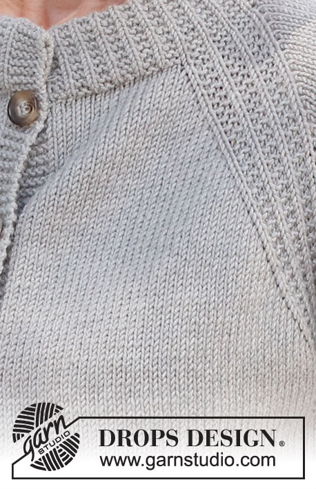 Misty Moon / DROPS 228-15 - Casaco tricotado de cima para baixo com gola dobrada, cavas raglan e orlas em ponto texturado, em DROPS Merino Extra Fine ou DROPS Puna. Do S ao XXXL