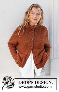 Toffee Apple Jacket / DROPS 228-25 - Knitted jacket in DROPS Sky and DROPS Kid-Silk. The piece is worked with saddle shoulders, double neck, split and ribbed edges. Sizes S - XXXL.