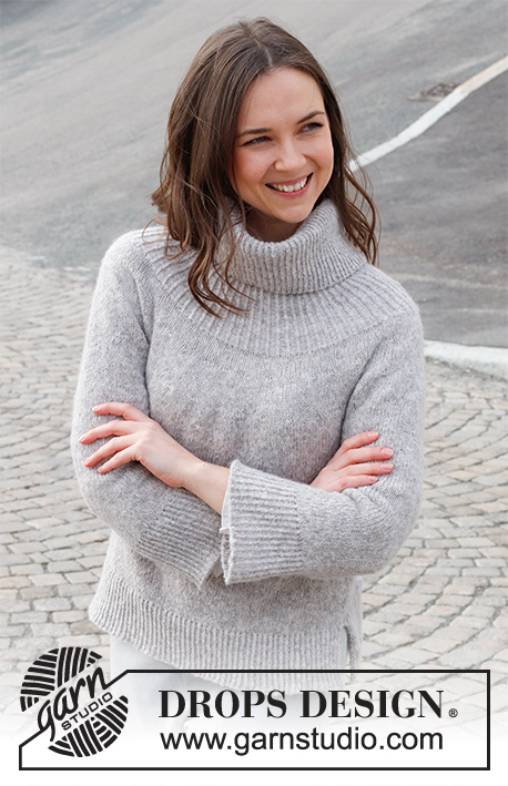 Silver Touch / DROPS 228-44 - Knitted jumper in DROPS Sky. The piece is worked top down with round yoke, high neck, ribbed edges and split in the sides. Sizes XS - XXL.