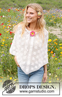 Daisy Droplets / DROPS 229-16 - Crocheted poncho in DROPS Cotton Merino. The piece is worked top down with lace pattern and bobbles. Sizes S - XXXL.