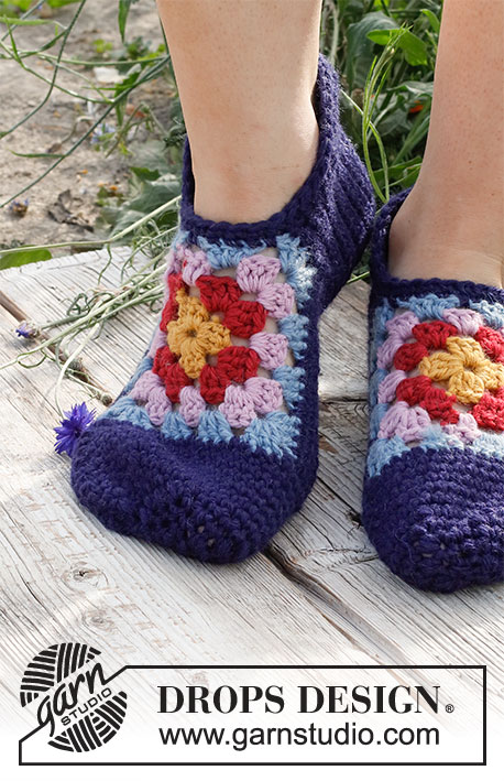 Garden Slippers / DROPS 229-18 - Crochet slippers with granny square in DROPS Nepal. Size 35-43.