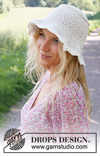 Sunshine Smiles / DROPS 229-29 - Crocheted hat in 2 strands DROPS Bomull-Lin. The piece is worked top down.