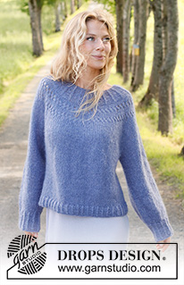 Round Lake / DROPS 230-14 - Knitted jumper in DROPS Brushed Alpaca Silk and DROPS Kid-Silk. The piece is worked top down with round yoke and lace pattern. Sizes S - XXXL.