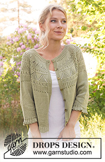 Treasure Hunt Cardigan / DROPS 230-22 - Knitted jacket in DROPS Safran. The piece is worked bottom up with round yoke, lace pattern and ¾-length sleeves with flounces. Sizes S - XXXL.
