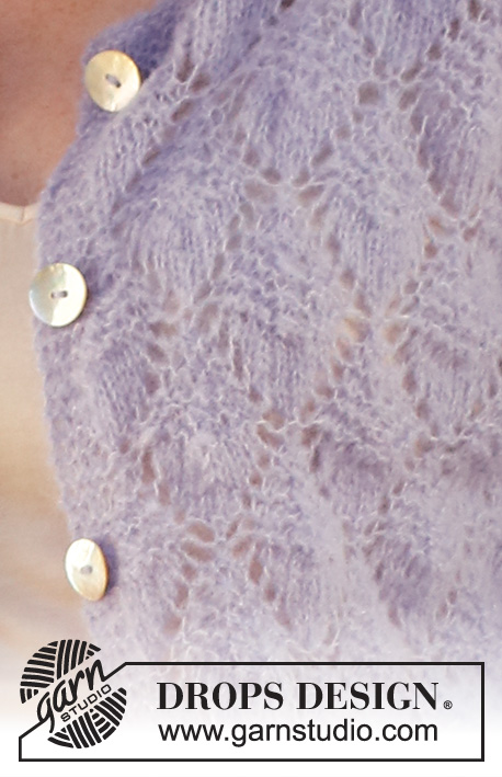 Lila Mist Cardigan / DROPS 230-23 - Propínací svetr s krajkovým vzorem pletený zdola nahoru z příze DROPS Brushed Alpaca Silk. Velikost S - XXXL.