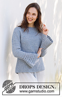 Spring Renaissance / DROPS 230-37 - Crocheted jumper in DROPS Sky. The piece is worked top down with round yoke, lace and fan pattern and trumpet sleeves. Sizes S - XXXL.