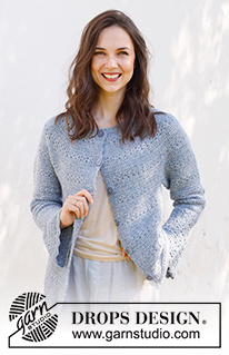 Spring Renaissance Cardigan / DROPS 230-38 - Crocheted jacket in DROPS Sky. The piece is worked top down with round yoke, lace and fan pattern and trumpet sleeves. Sizes S - XXXL.
