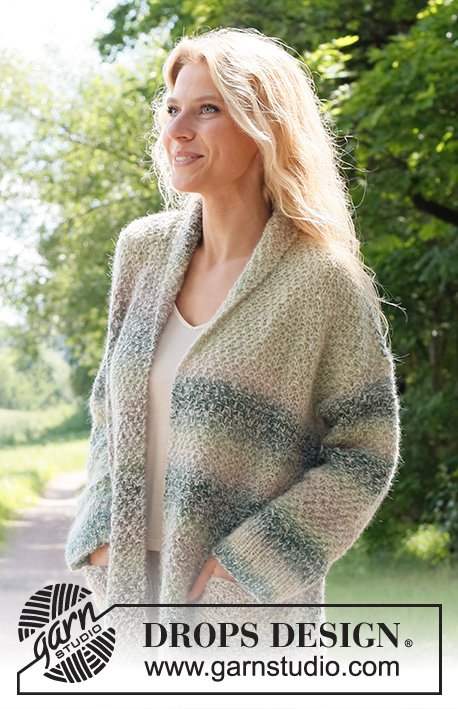 Forest Whispers / DROPS 230-45 - Knitted jacket in DROPS Delight and DROPS Brushed Alpaca Silk. The piece is worked bottom up with moss stitch, shawl collar, pockets and split in the sides. Sizes S - XXXL.