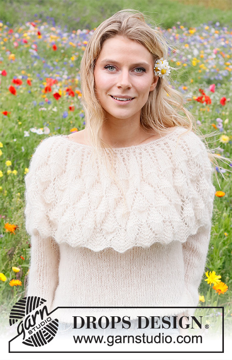 Big Sur Sweater / DROPS 231-17 - Knitted jumper in DROPS Brushed Alpaca Silk. Piece is knitted bottom up with round yoke, lace pattern and collar. Size: S - XXXL