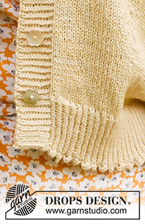 Chamomile Tea Cardi / DROPS 231-21 - Gestrickte Jacke in DROPS BabyAlpaca Silk. Die Arbeit wird von oben nach unten glatt rechts mit V-Ausschnitt, kurzen Puffärmeln und Picoträndern gestrickt. Größe S - XXXL.