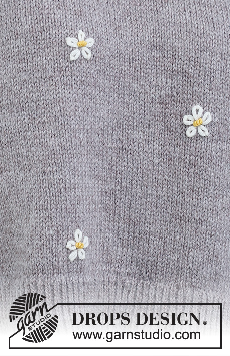 Shy Daisy / DROPS 231-34 - Sweter na drutach, przerabiany od dołu do góry dżersejem, z podwójnym wykończeniem dekoltu i haftowanymi kwiatami, z włóczki DROPS Merino Extra Fine. Od S do XXXL