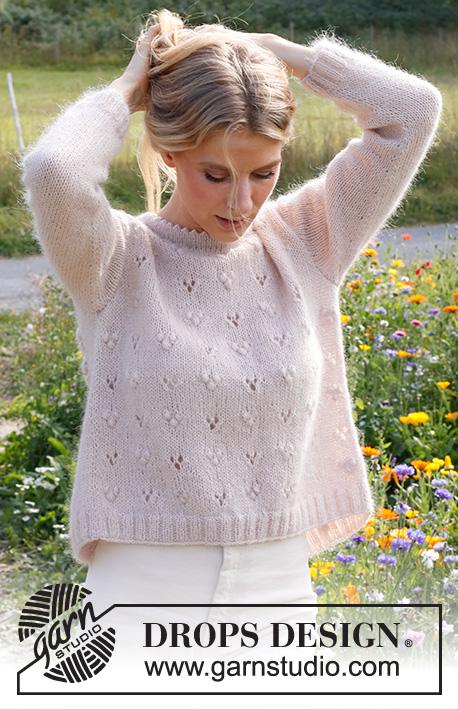 Heart Catcher / DROPS 231-4 - Knitted jumper in DROPS Flora and DROPS Kid-Silk. The piece is worked bottom up, with lace pattern and bobbles. Sizes S - XXXL.