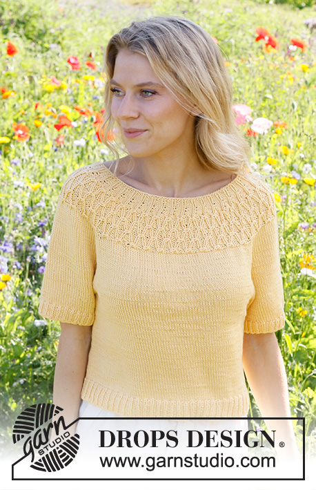 Sunny Song / DROPS 231-5 - Knitted sweater with short sleeves / t-shirt in DROPS Muskat. Piece is knitted top down with round yoke and cables. Size S-XXXL.