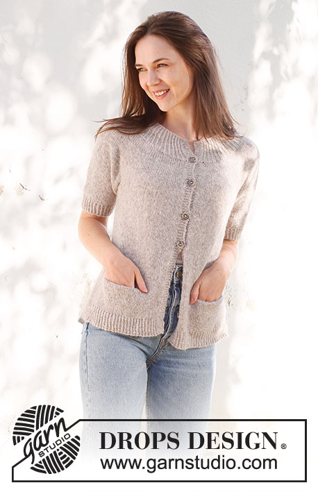 Daisy Lane Cardigan / DROPS 231-54 - Knitted jacket in DROPS Sky. Piece is knitted top down with round yoke, stockinette stitch, pockets, short sleeves and vents in the sides. Size XS – XXL.