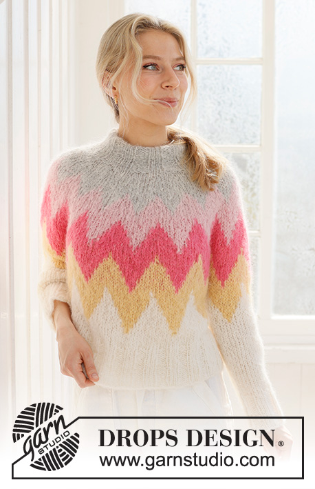 Pink Lemonade Sweater / DROPS 231-56 - Knitted sweater in DROPS Melody. The piece is worked top down, with multi-colored pattern, round yoke and double neck. Sizes S - XXXL.