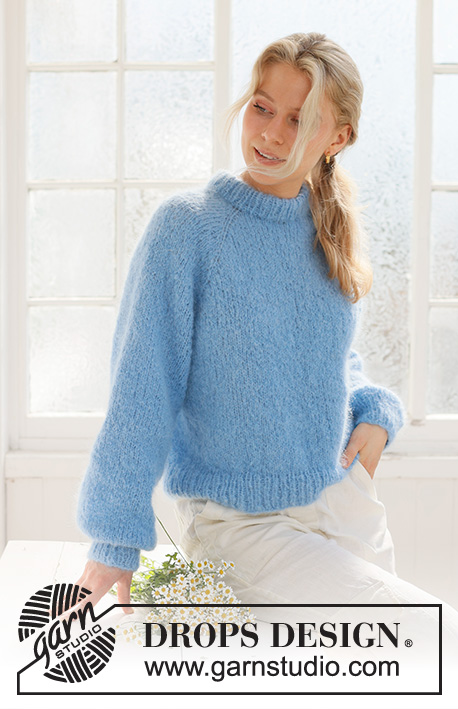 Blueberry Cream Sweater / DROPS 231-57 - Strikket genser i DROPS Melody. Arbeidet strikkes ovenfra og ned med dobbel halskant og raglan. Størrelse S - XXXL.