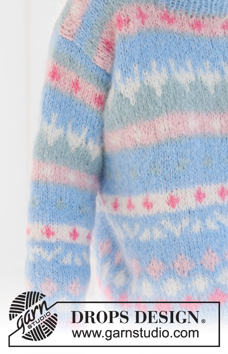 Mixed Berries Sweater / DROPS 231-58 - Stickad tröja i DROPS Melody. Arbetet stickas nedifrån och upp med flerfärgat mönster och dubbel halskant. Storlek XS - XXXL.
