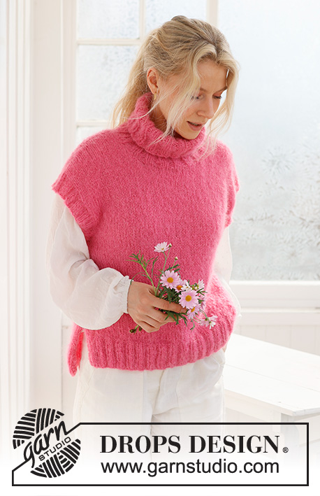 Cherry Sorbet Vest / DROPS 231-59 - Knitted vest in DROPS Melody. The piece is worked bottom up, in stocking stitch, with high neck and split in the sides. Sizes S – XXXL.